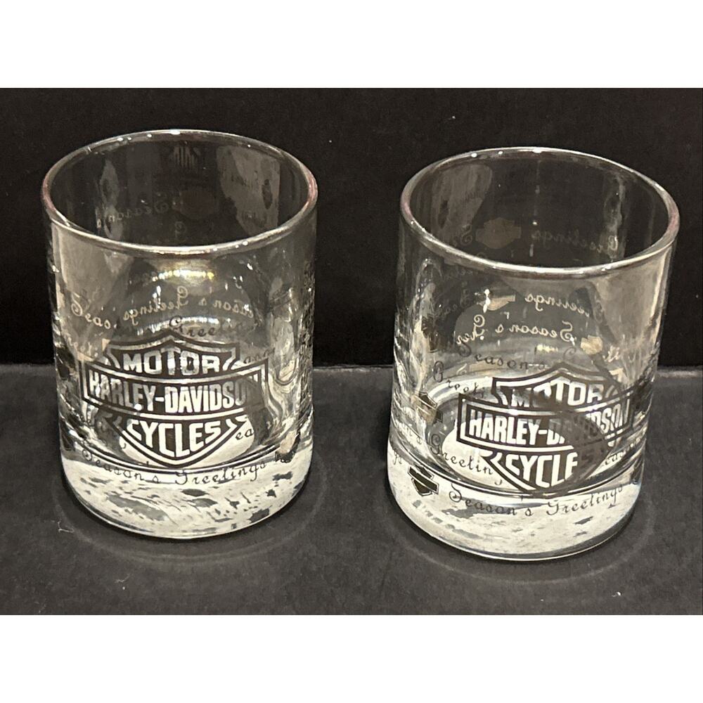 2x Harley Davidson Votive Candle Holder - Glass Holiday Seasons Greetings EMPTY